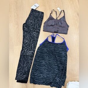 Women’s Black Patterned Active Tank & Leggings Set with Sports Bra